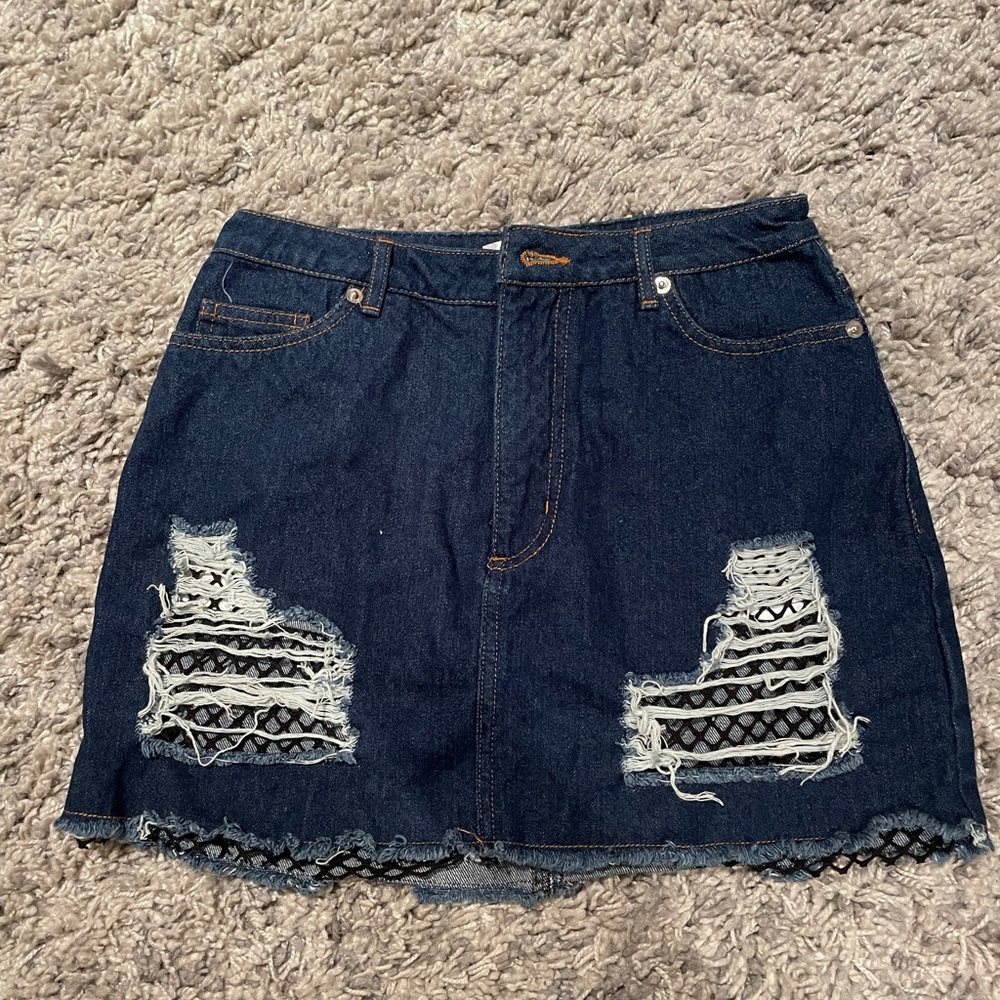 Wild honey denim skirt with black mesh.